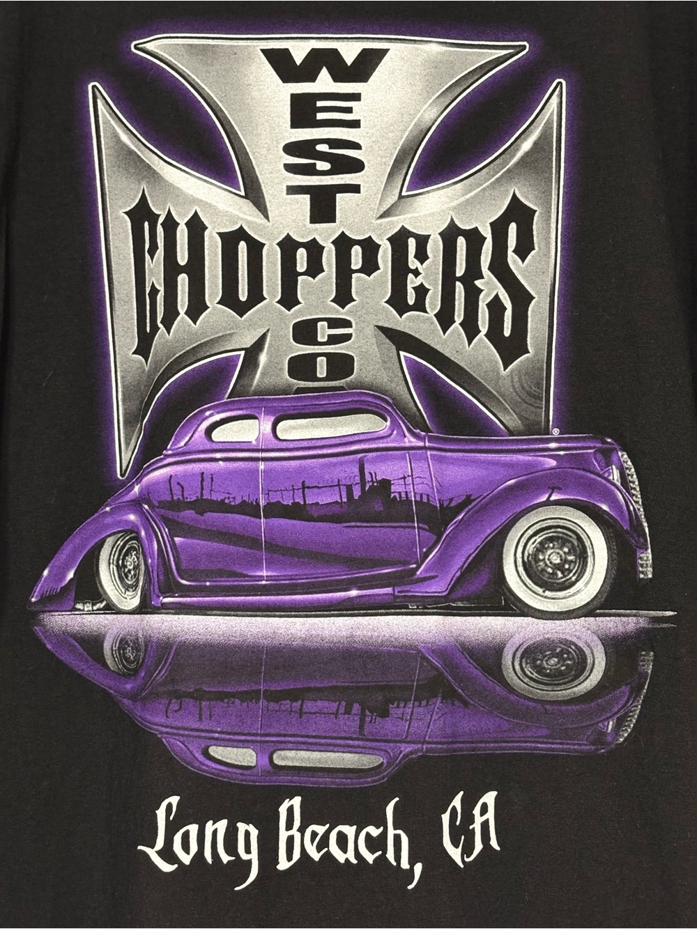 Vintage West Coast Choppers Long Beach CA Black 3XL T-Shirt with Purple Car Rare